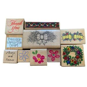 Wood Rubber Stamp Lot Floral Bow Wreath Thank You Quotes Craft Supplies